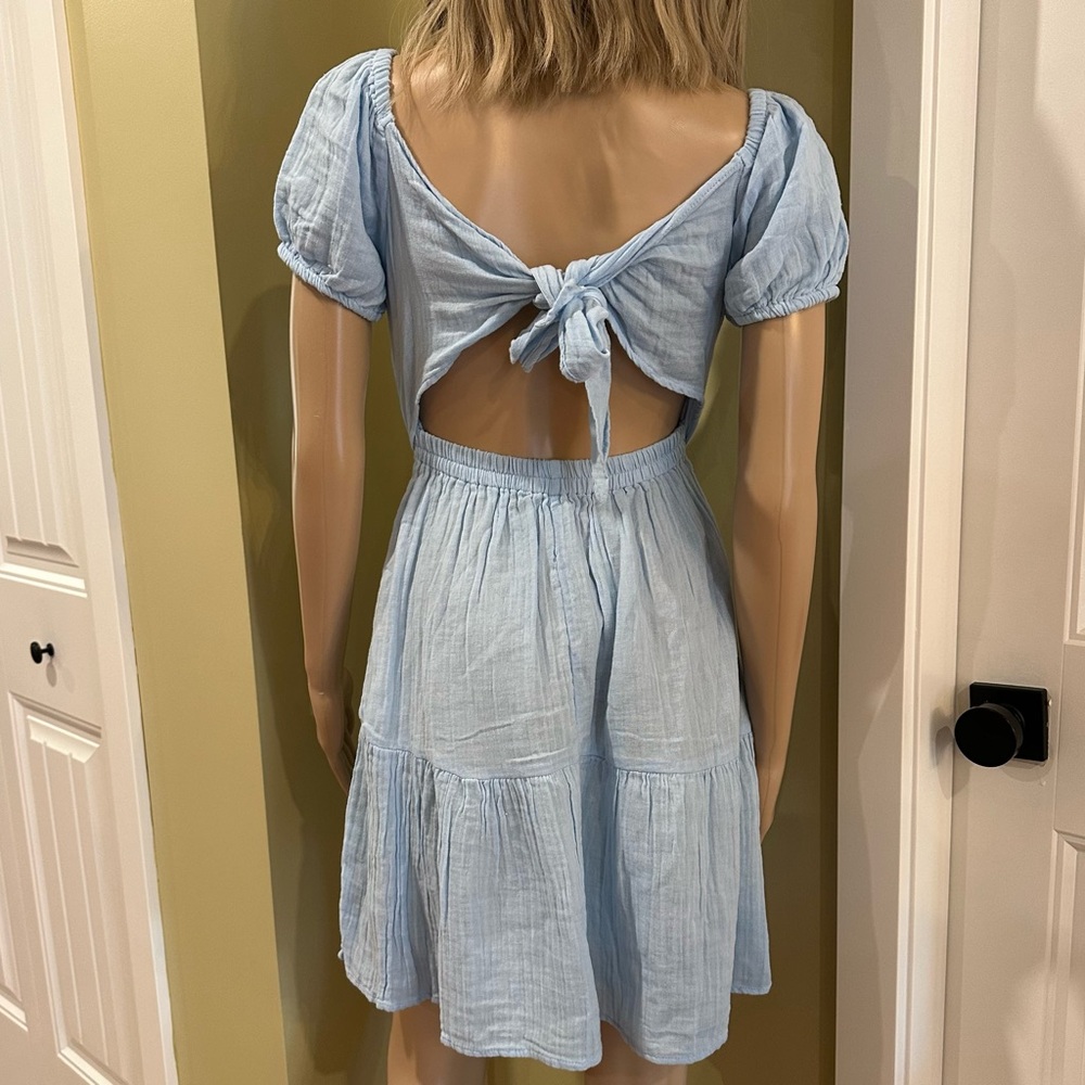 Japna Blue Tie Back Puff Sleeve Cotton Summer Dress Women’s Small